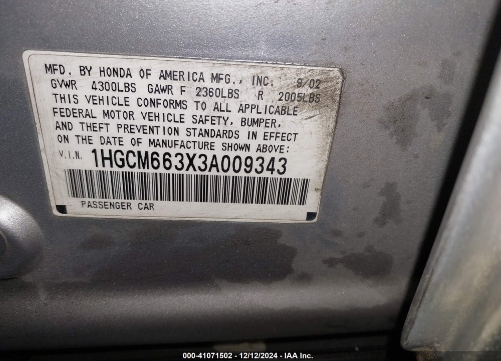 2003 HONDA ACCORD 3.0 LX VIN: 1HGCM663X3A009343