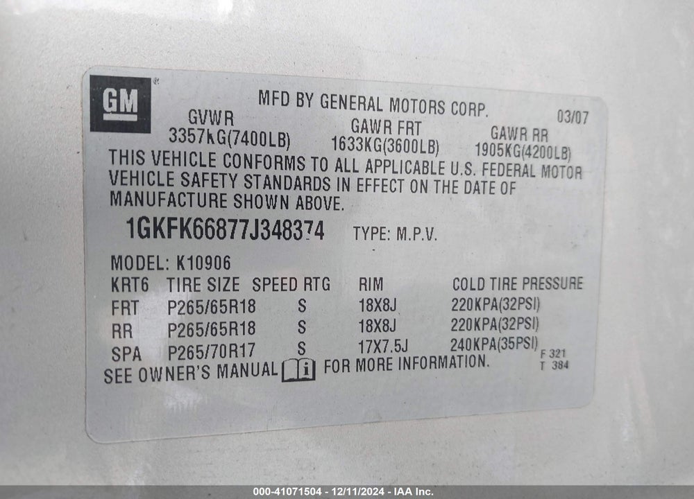 2007 GMC YUKON XL 1500 DENALI VIN: 1GKFK66877J348374