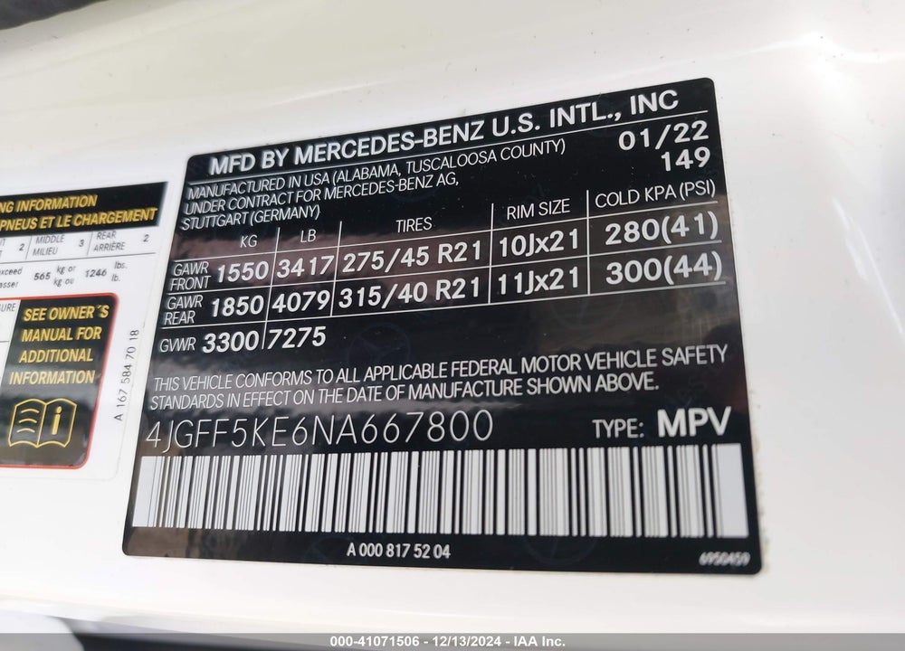 2022 MERCEDES-BENZ GLS 450 4MATIC VIN: 4JGFF5KE6NA667800