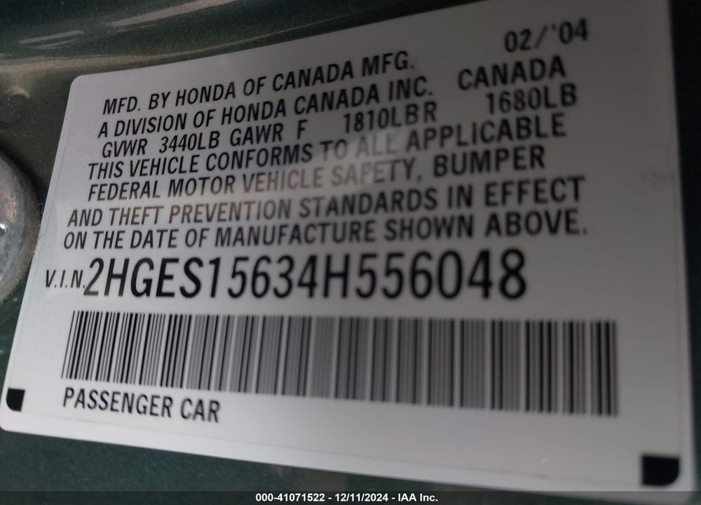 2004 HONDA CIVIC LX VIN: 2HGES15634H556048