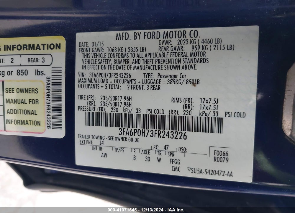 2015 FORD FUSION SE VIN: 3FA6P0H73FR243226