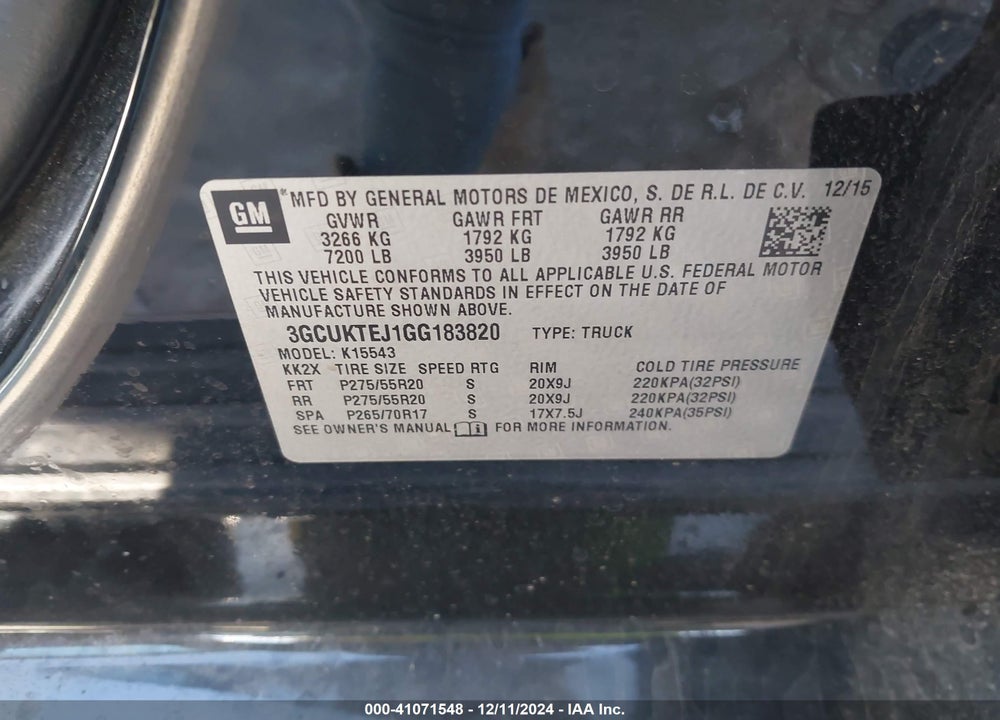2016 CHEVROLET SILVERADO 1500 VIN: 3GCUKTEJ1GG183820