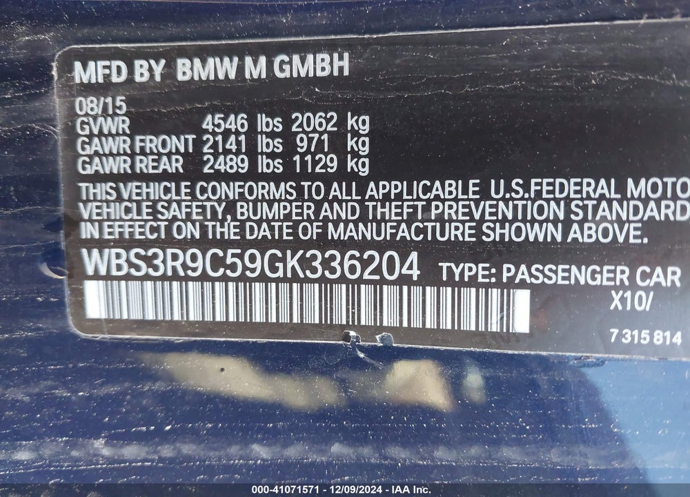2016 BMW M4 VIN: WBS3R9C59GK336204