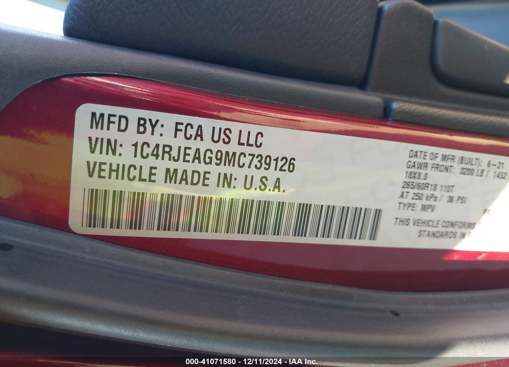 2021 JEEP GRAND CHEROKEE VIN: 1C4RJEAG9MC739126