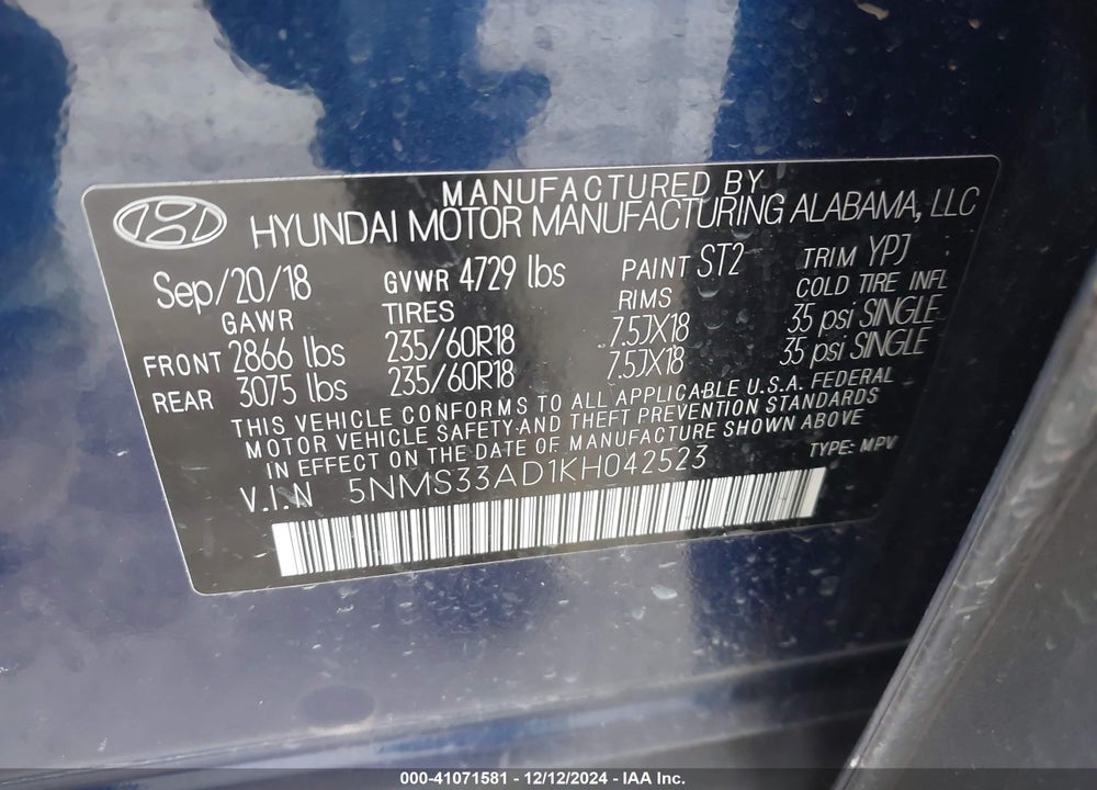 2019 HYUNDAI SANTA FE SEL PLUS VIN: 5NMS33AD1KH042523
