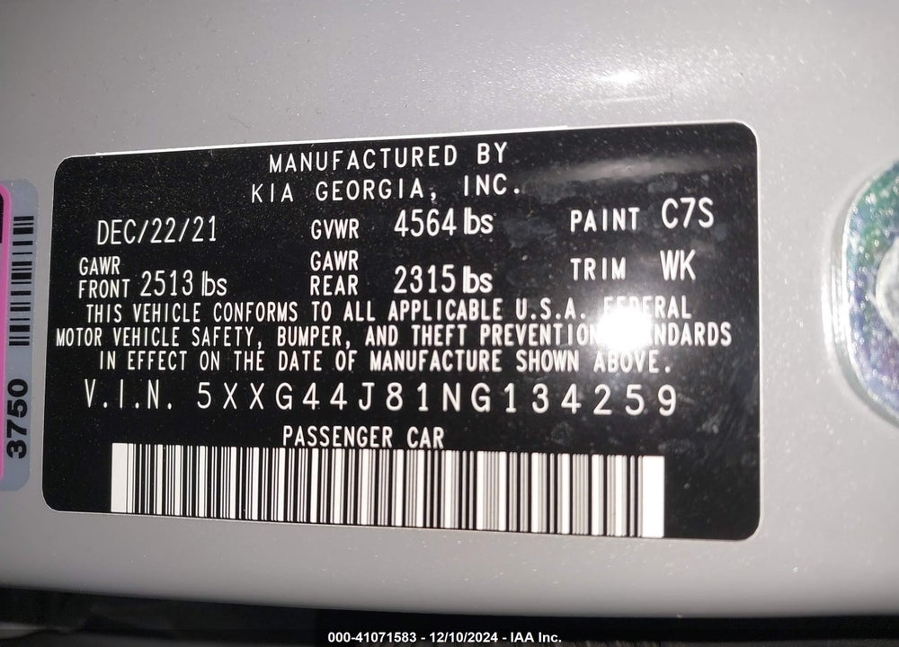 2022 KIA K5 VIN: 5XXG44J81NG134259