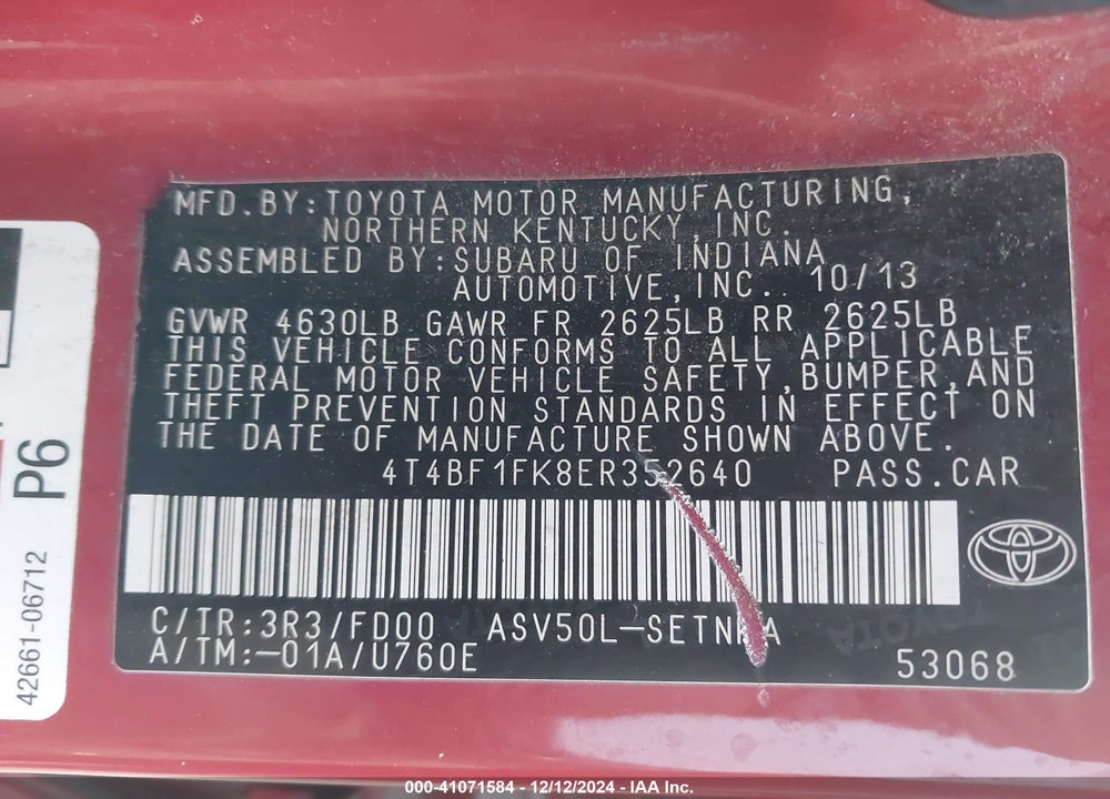 2014 TOYOTA CAMRY LE VIN: 4T4BF1FK8ER352640