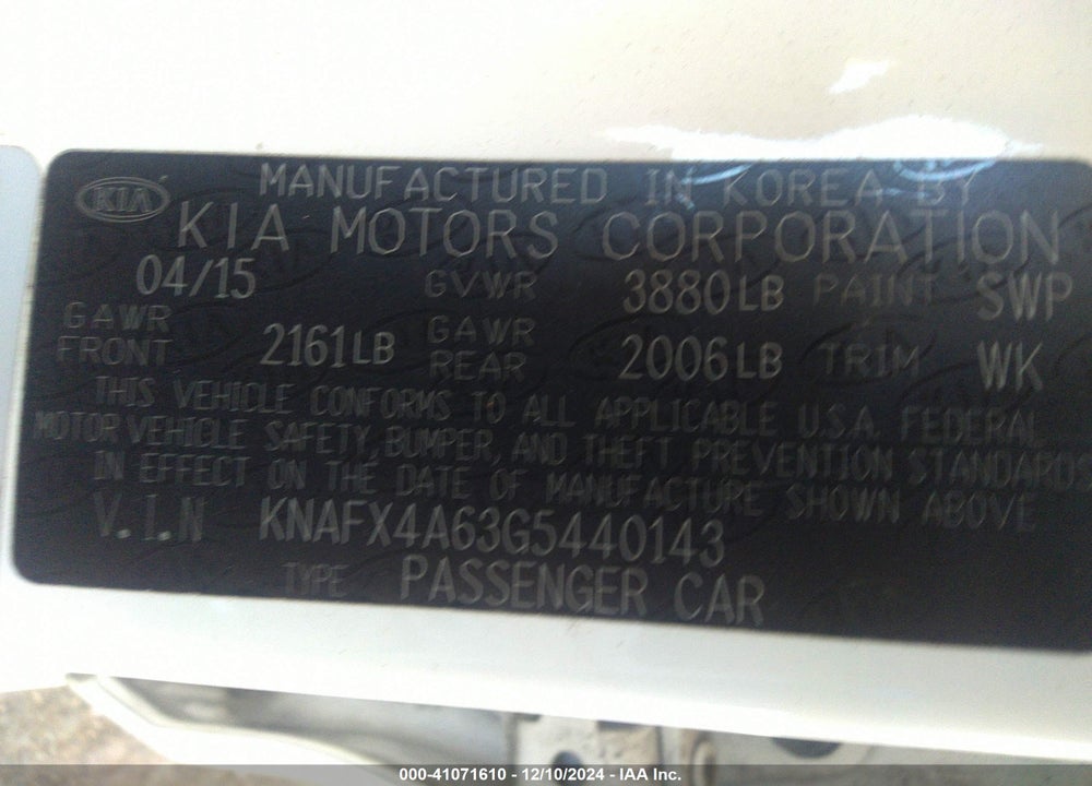 2016 KIA FORTE LX VIN: KNAFX4A63G5440143