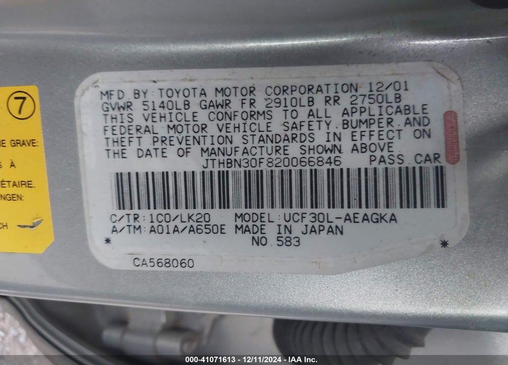2002 LEXUS LS 430 VIN: JTHBN30F820066846