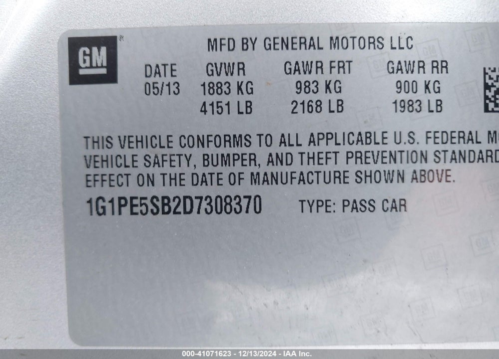 2013 CHEVROLET CRUZE 2LT AUTO VIN: 1G1PE5SB2D7308370
