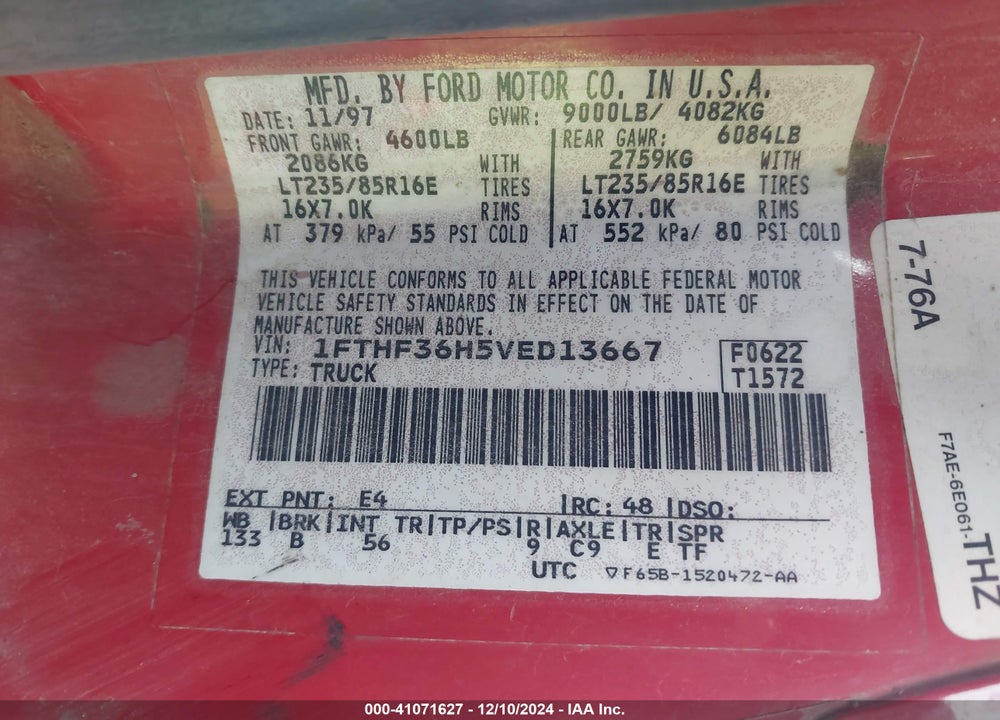 1997 FORD F-350 XL VIN: 1FTHF36H5VED13667