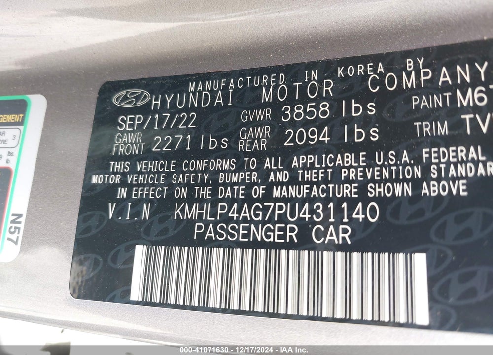 2023 HYUNDAI ELANTRA VIN: KMHLP4AG7PU431140