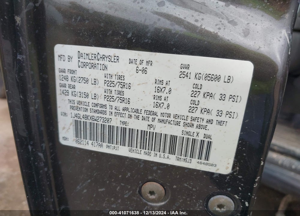 2006 JEEP LIBERTY SPORT VIN: 1J4GL48KX6W273207