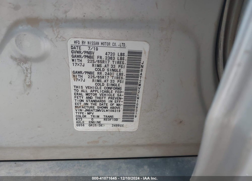 2020 NISSAN ROGUE S INTELLIGENT AWD VIN: JN8AT2MV2LW109319