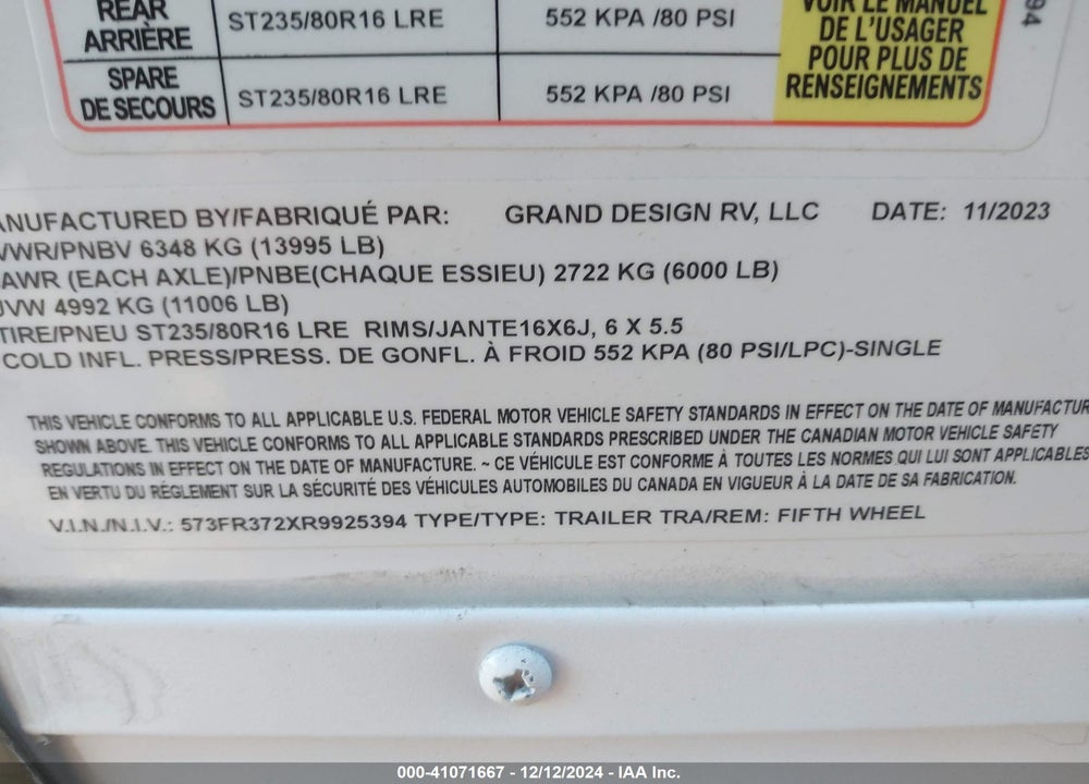 2024 GRAND DESIGN REFLECTOR VIN: 573FR372XR9925394