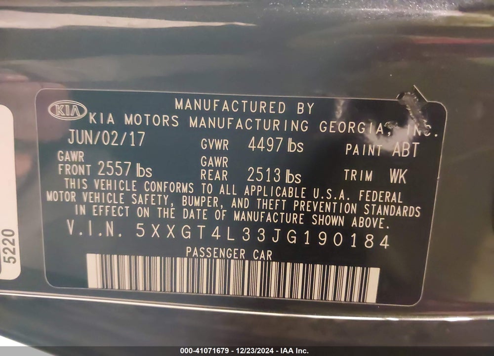 2018 KIA OPTIMA VIN: 5XXGT4L33JG190184