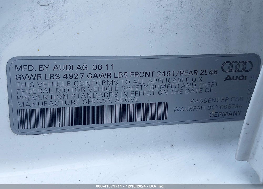 2012 AUDI A4 2.0T PREMIUM VIN: WAUBFAFL0CN006786