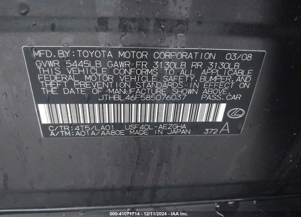 2008 LEXUS LS 460 VIN: JTHBL46F585076037