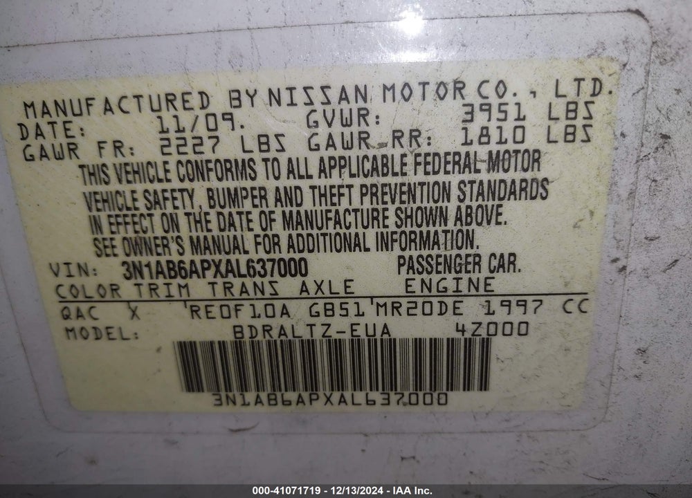 2010 NISSAN SENTRA 2.0SR VIN: 3N1AB6APXAL637000