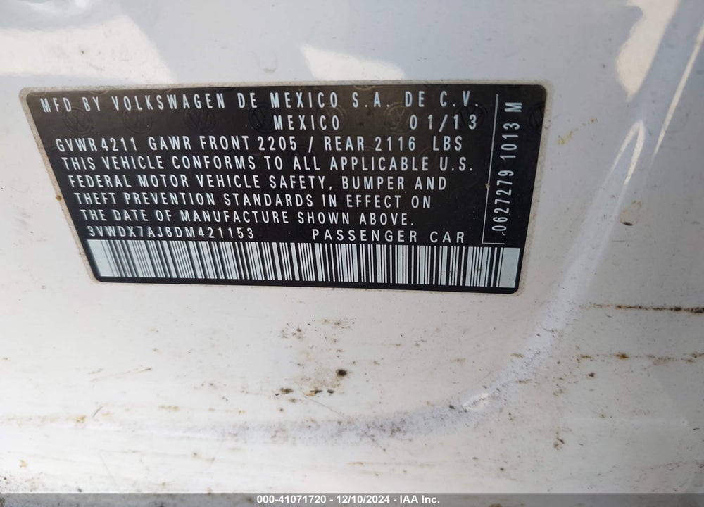 2013 VOLKSWAGEN JETTA 2.5L SE VIN: 3VWDX7AJ6DM421153