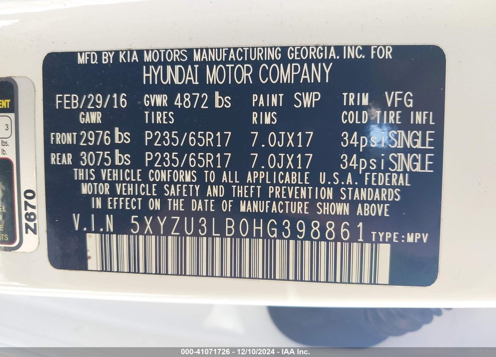 2017 HYUNDAI SANTA FE SPORT 2.4L VIN: 5XYZU3LB0HG398861