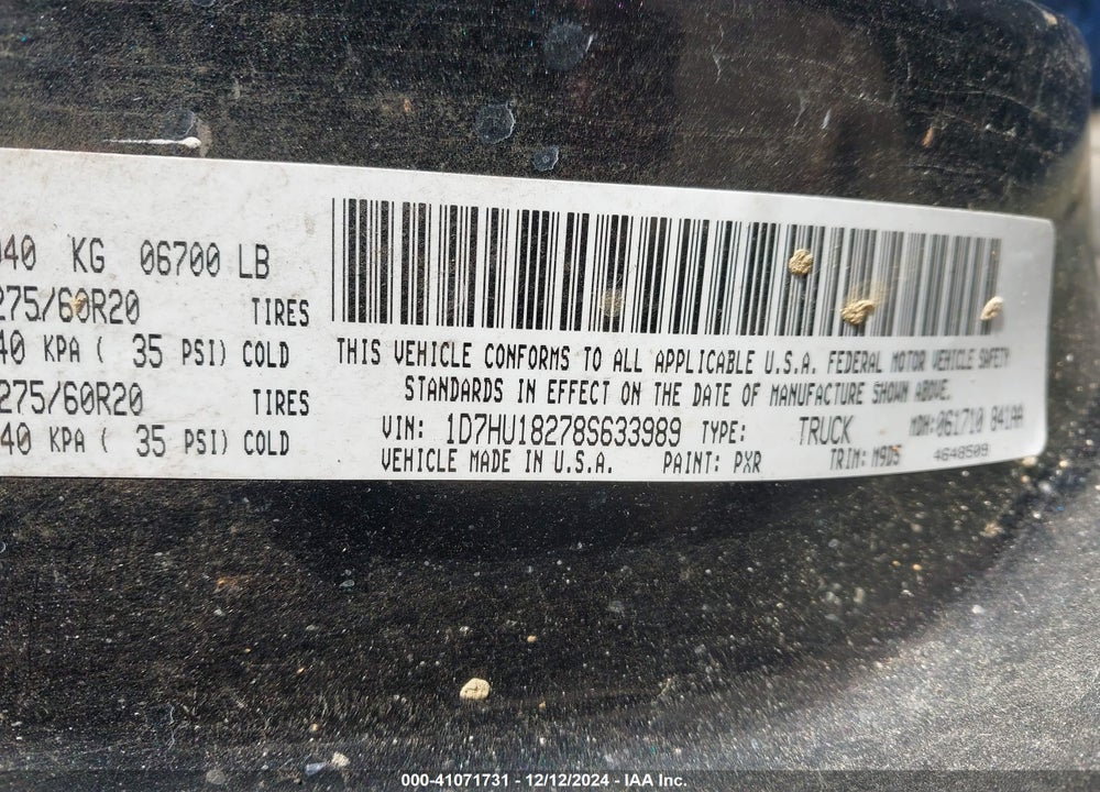 2008 DODGE RAM 1500 SLT VIN: 1D7HU18278S633989