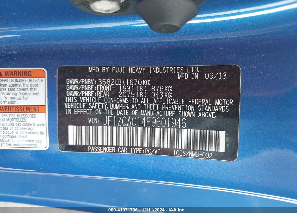 2014 SUBARU BRZ LIMITED VIN: JF1ZCAC14E9601946