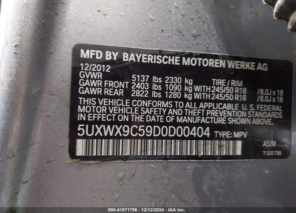 2013 BMW X3 XDRIVE28I VIN: 5UXWX9C59D0D00404