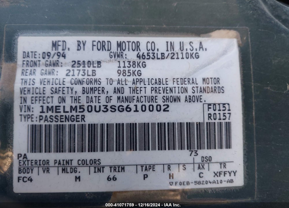 1995 MERCURY SABLE GS VIN: 1MELM50U3SG610002