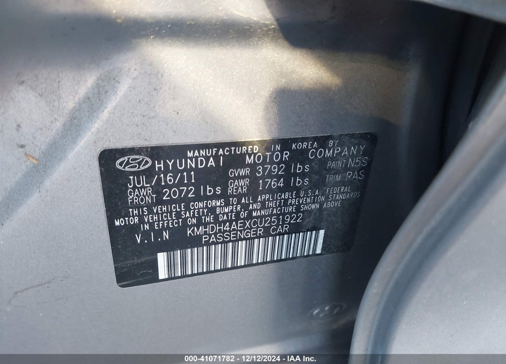 2012 HYUNDAI ELANTRA VIN: KMHDH4AEXCU251922