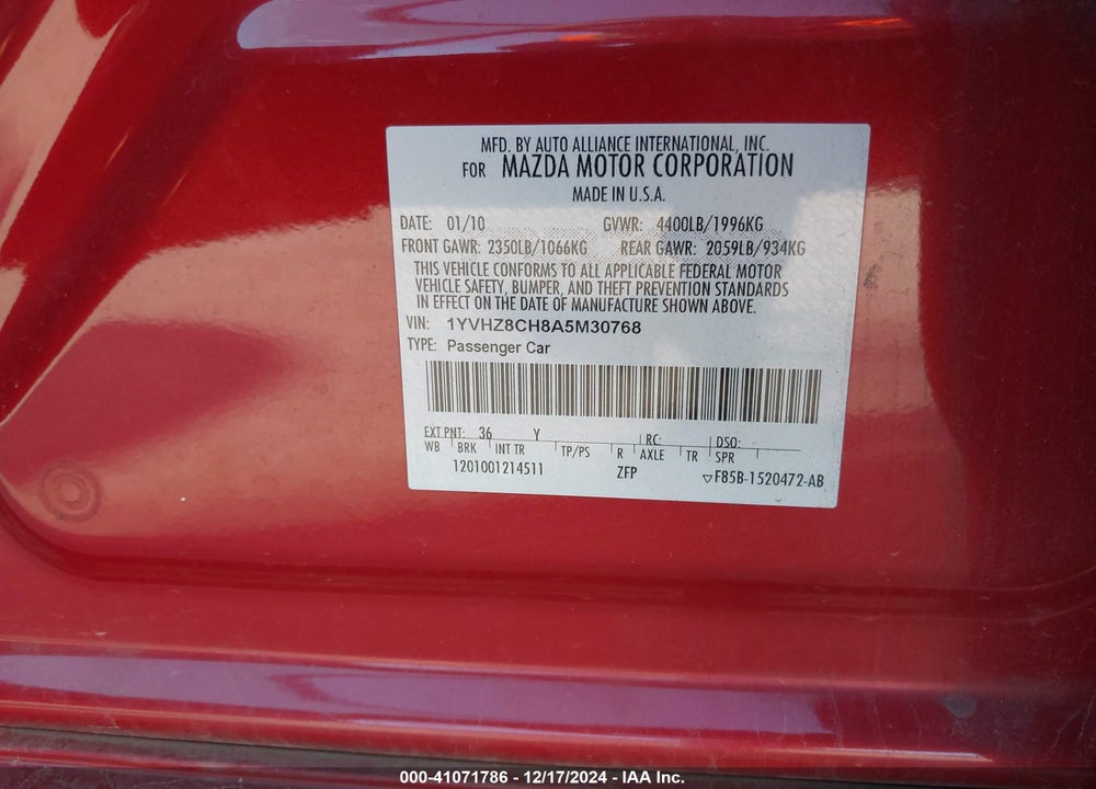 2010 MAZDA 6 VIN: 1YVHZ8CH8A5M30768