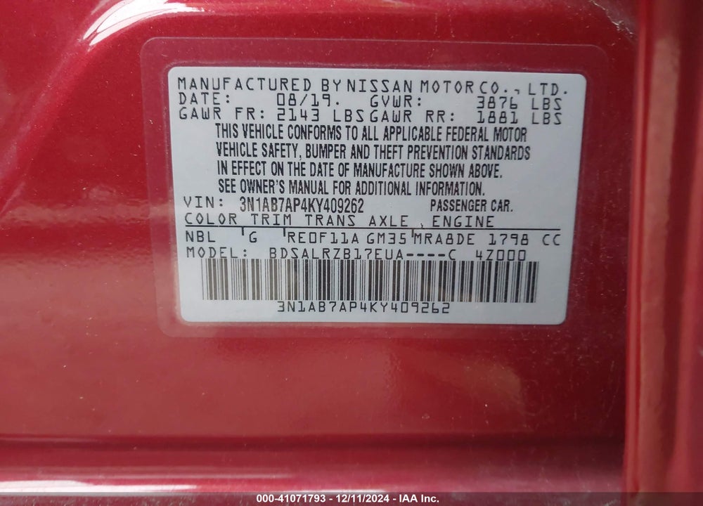 2019 NISSAN SENTRA VIN: 3N1AB7AP4KY409262