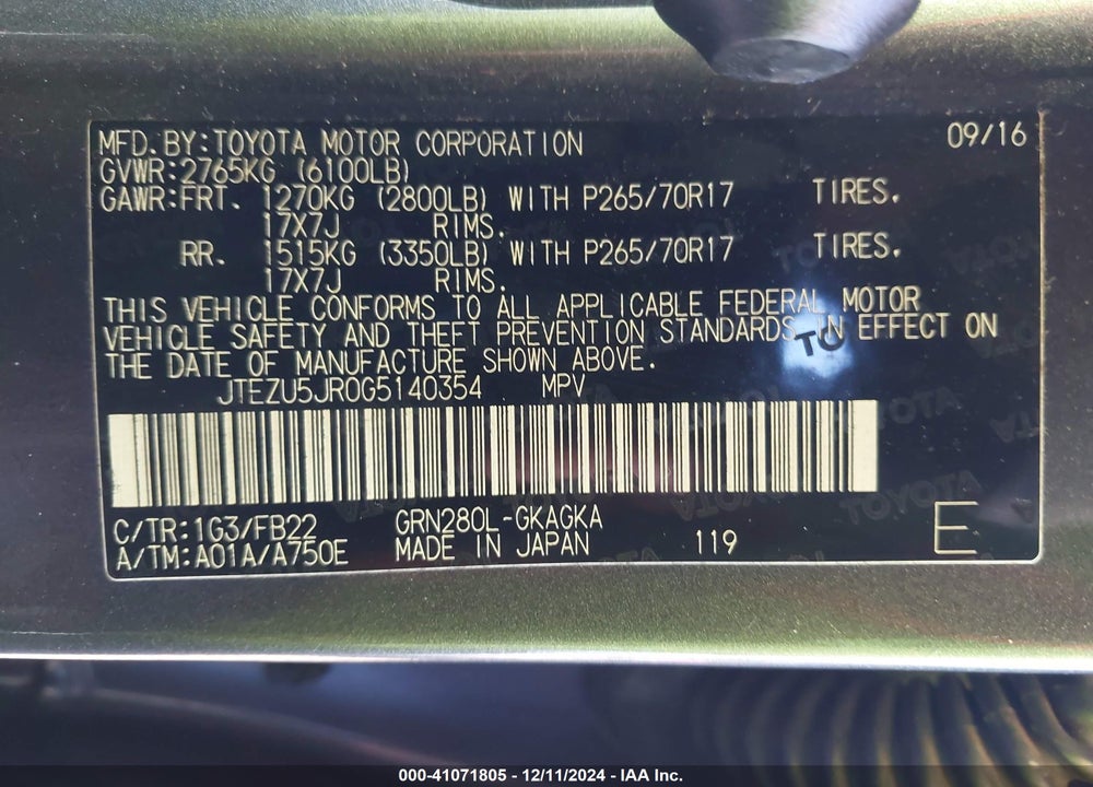 2016 TOYOTA 4RUNNER SR5 VIN: JTEZU5JR0G5140354
