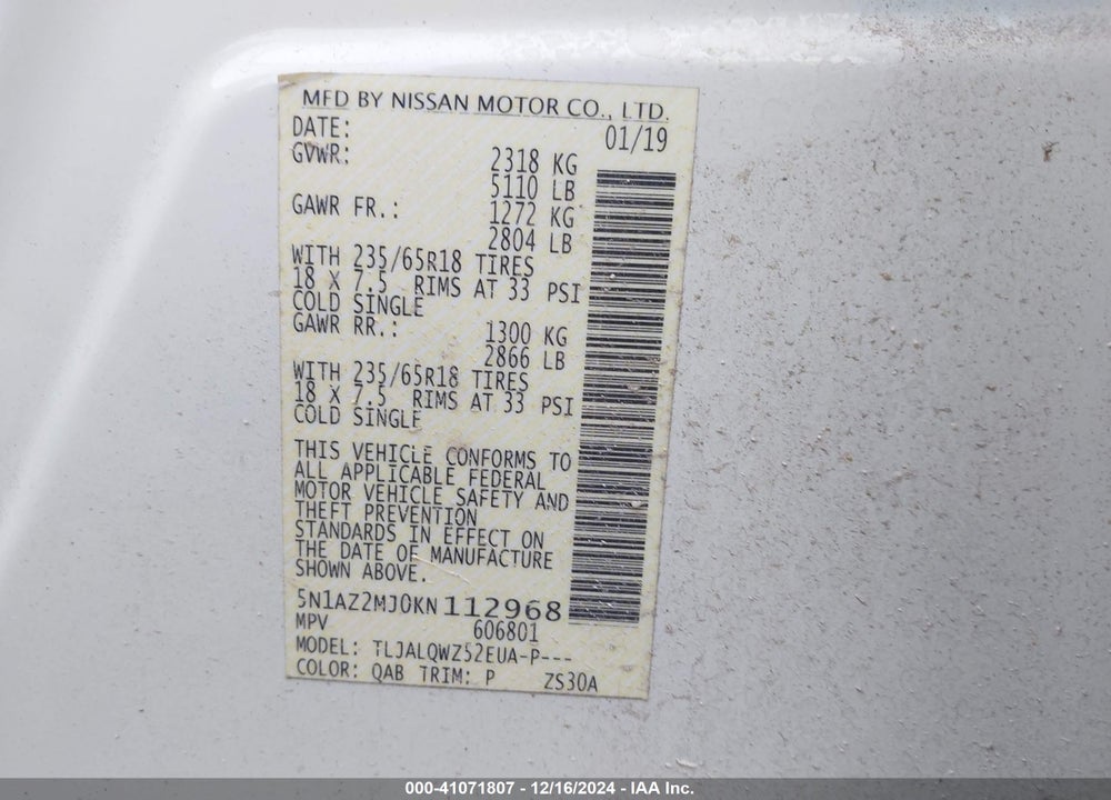 2019 NISSAN MURANO SV VIN: 5N1AZ2MJ0KN112968