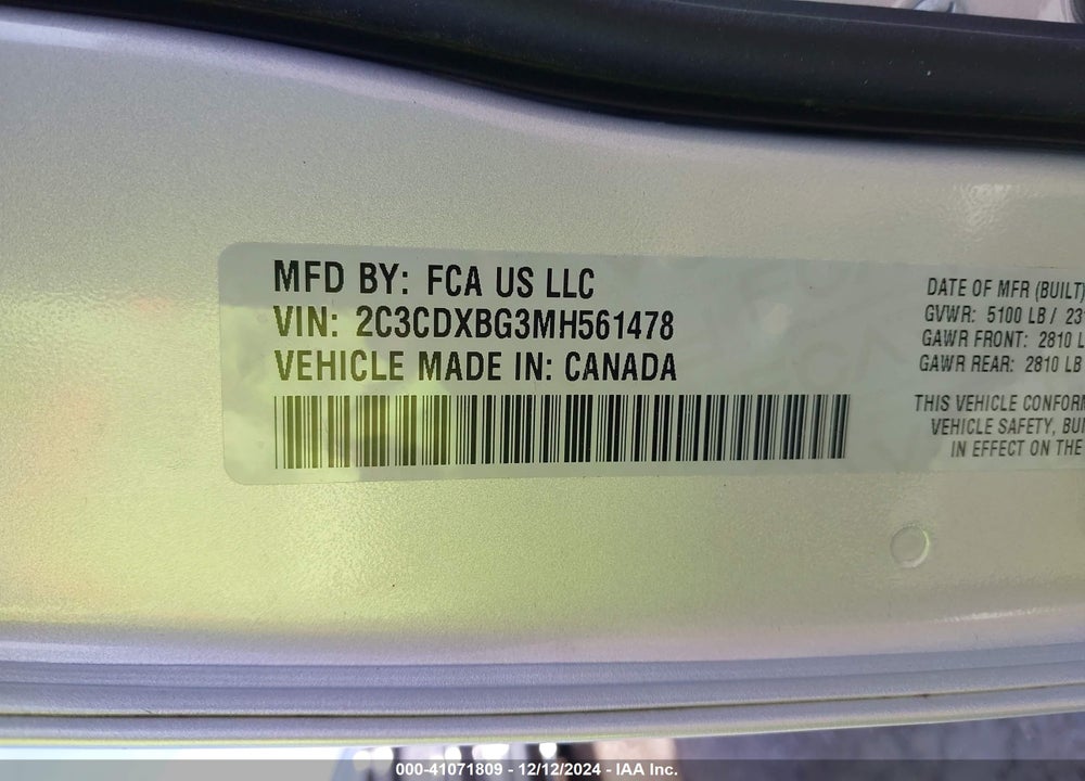 2021 DODGE CHARGER VIN: 2C3CDXBG3MH561478