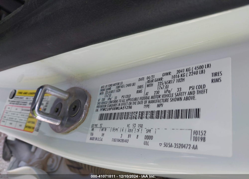 2021 FORD ESCAPE S VIN: 1FMCU9F68MUA51256
