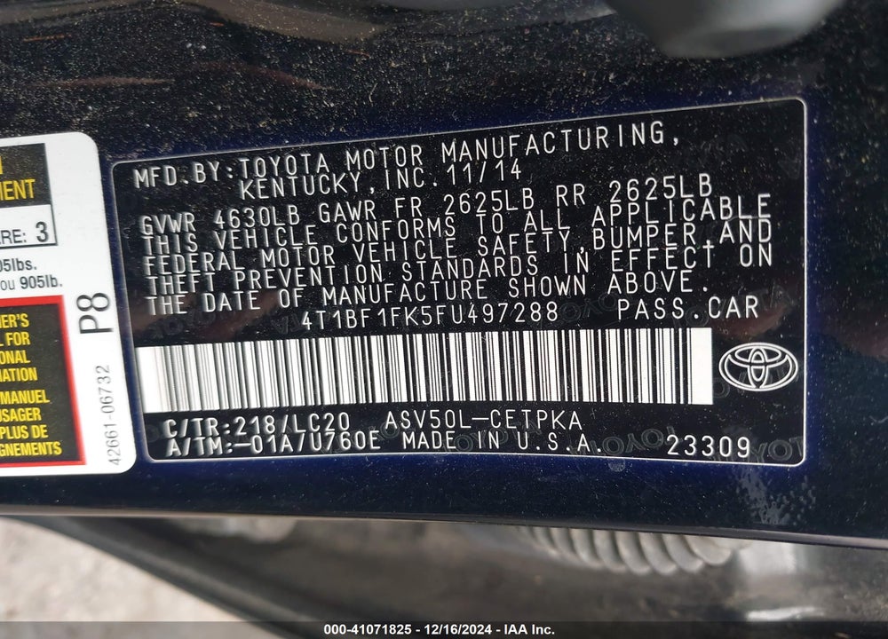 2015 TOYOTA CAMRY XSE VIN: 4T1BF1FK5FU497288