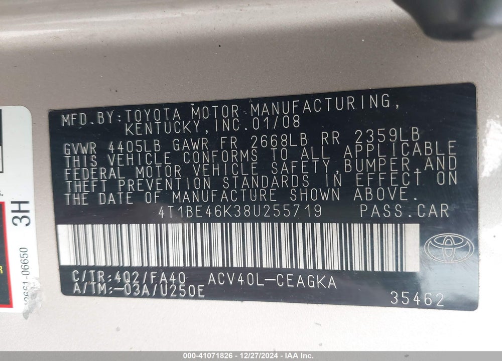 2008 TOYOTA CAMRY XLE VIN: 4T1BE46K38U255719