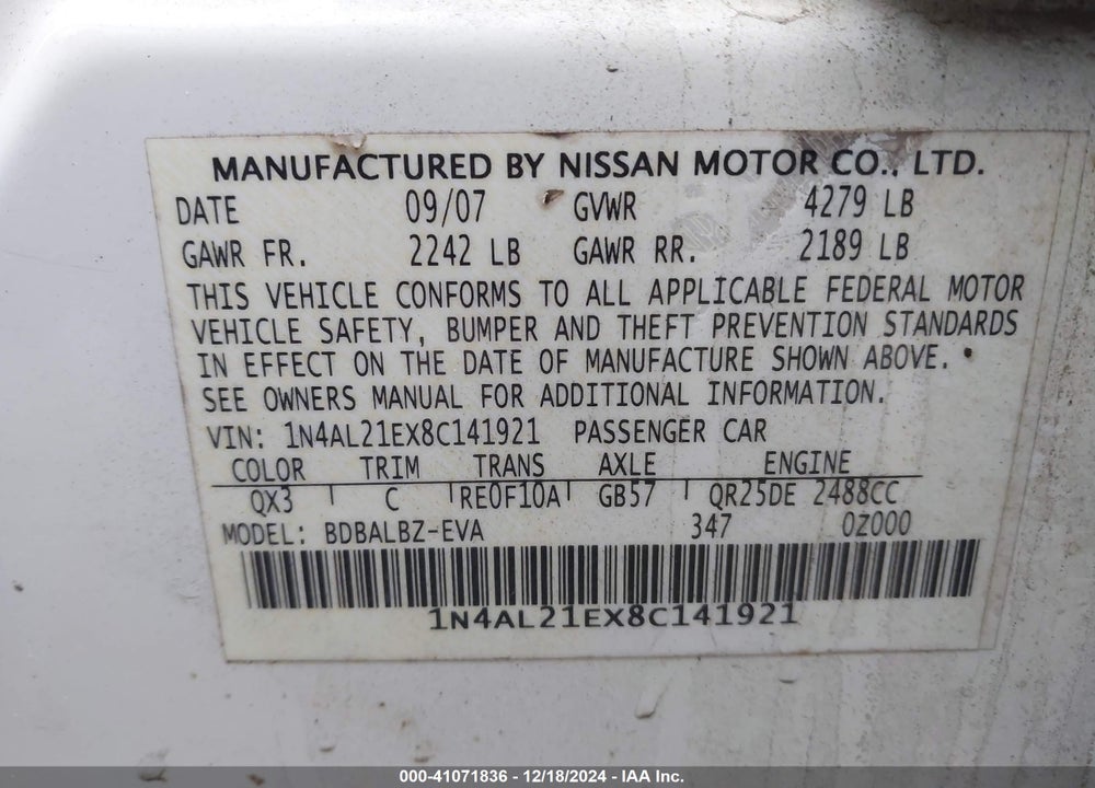 2008 NISSAN ALTIMA VIN: 1N4AL21EX8C141921