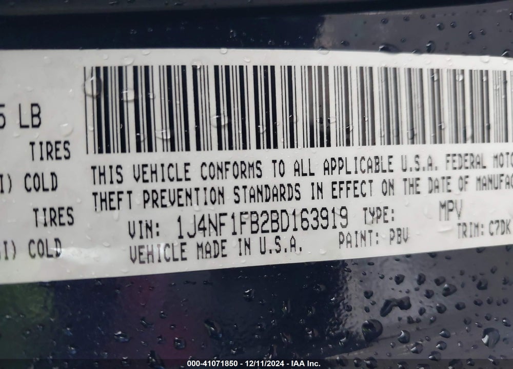 2011 JEEP COMPASS VIN: 1J4NF1FB2BD163919