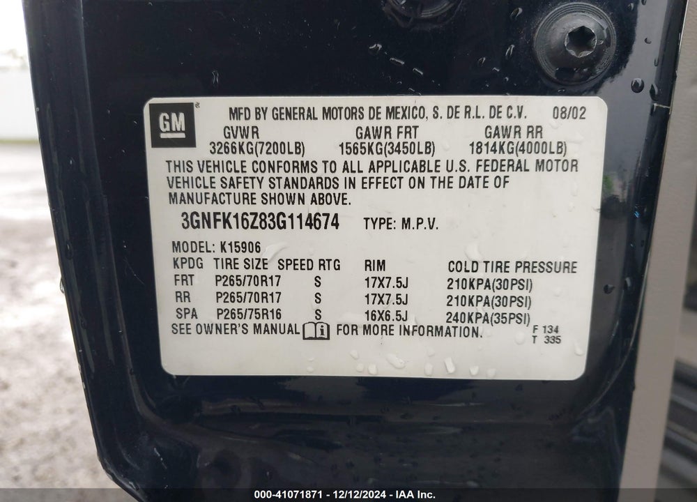 2003 CHEVROLET SUBURBAN 1500 Z71 VIN: 3GNFK16Z83G114674