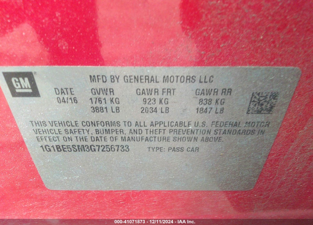 2016 CHEVROLET CRUZE LT AUTO VIN: 1G1BE5SM3G7256733