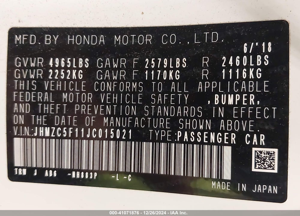 2018 HONDA CLARITY PLUG-IN HYBRID VIN: JHMZC5F11JC015021