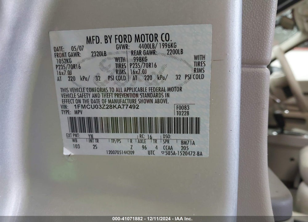 2008 FORD ESCAPE XLT VIN: 1FMCU03Z28KA77492
