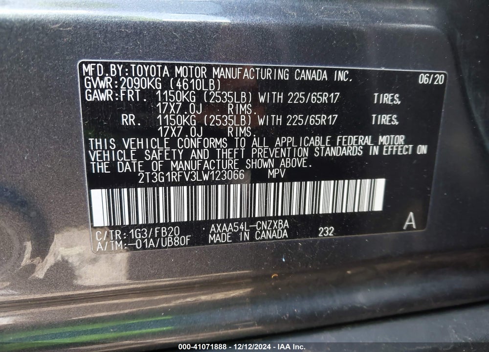 2020 TOYOTA RAV4 LE VIN: 2T3G1RFV3LW123066