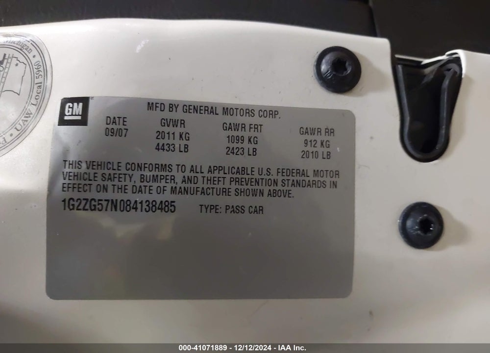 2008 PONTIAC G6 VIN: 1G2ZG57N084138485