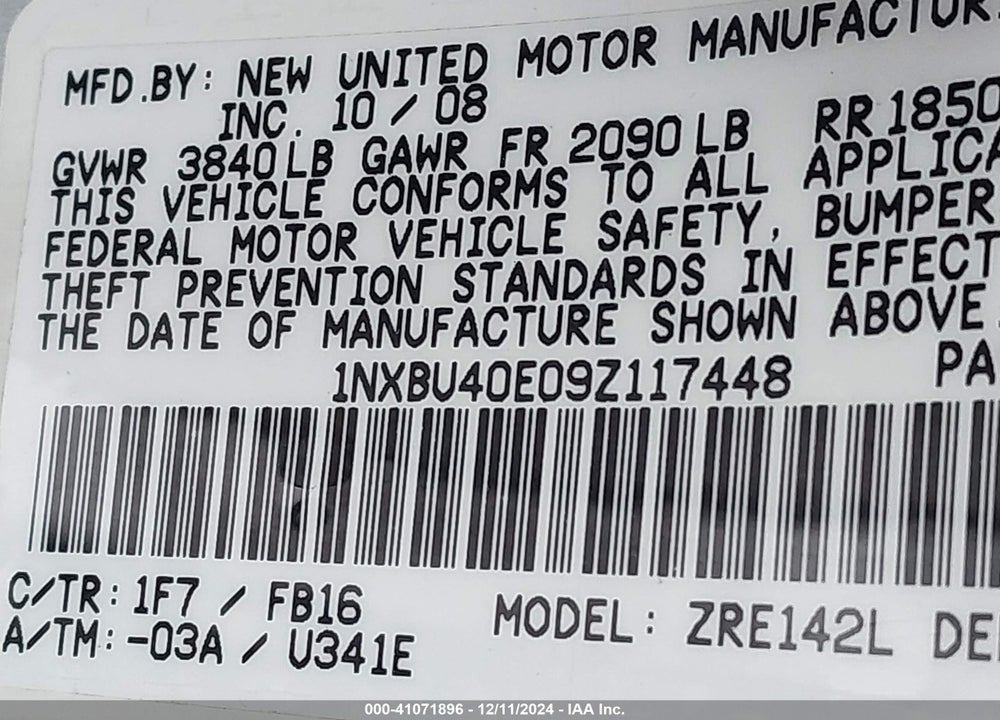 2009 TOYOTA COROLLA LE VIN: 1NXBU40E09Z117448