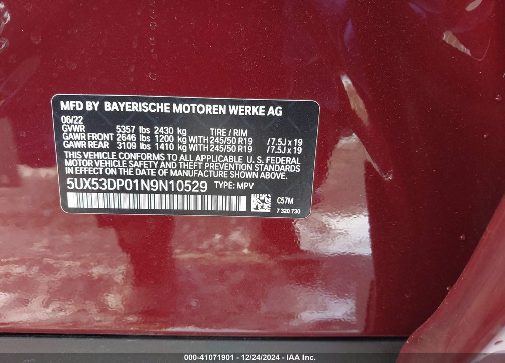 2022 BMW X3 XDRIVE30I VIN: 5UX53DP01N9N10529