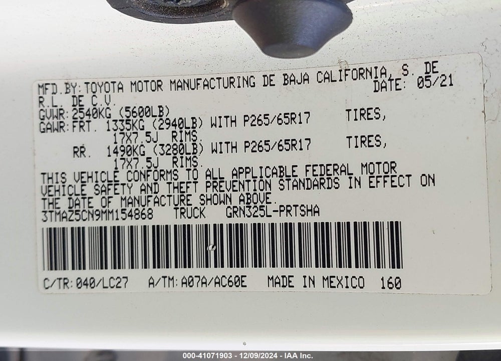 2021 TOYOTA TACOMA TRD SPORT VIN: 3TMAZ5CN9MM154868