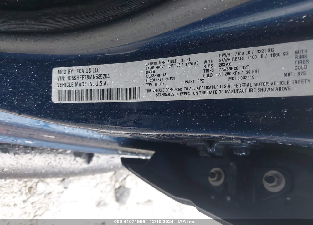 2021 RAM 1500 VIN: 1C6SRFFT8MN585204